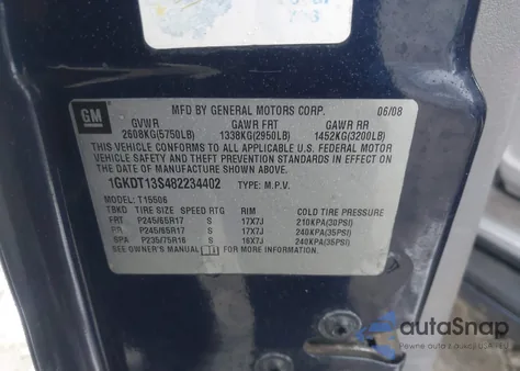 2008 GMC Envoy Sle z USA, uszkodzony, nr VIN 1GKDT13S482234402